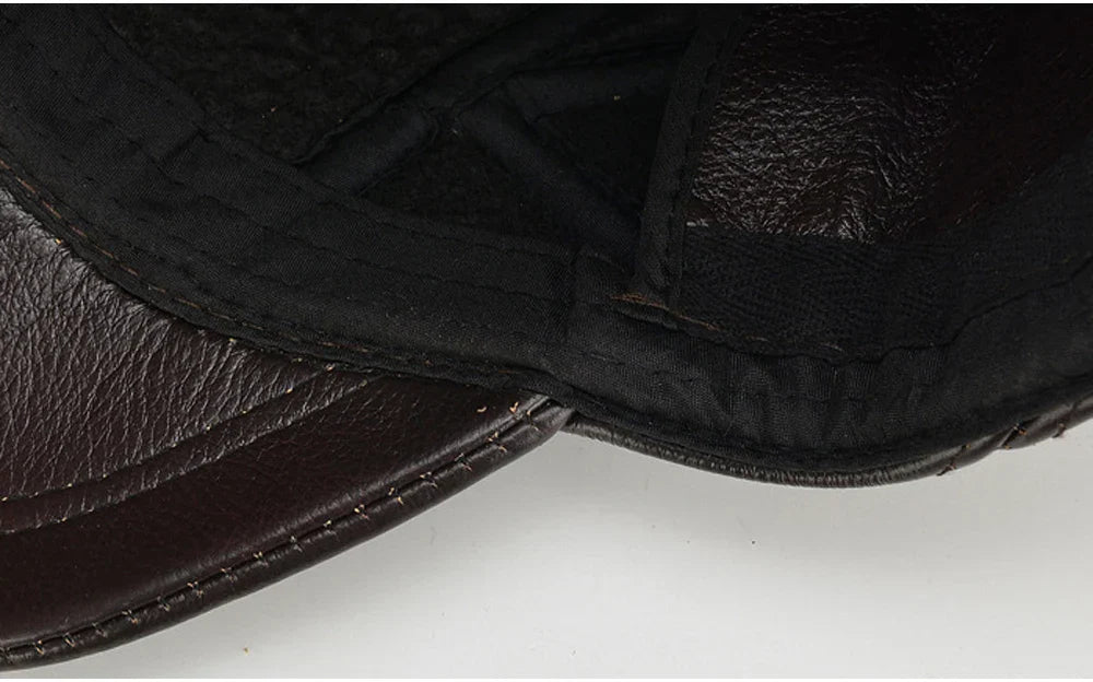 Casual Real Leather Earflap Cap Men's Real Cowhide Leather Caps Male Fall Winter Genuine Real Cow Leather Baseball Hats
