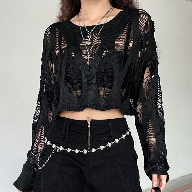 Women Hole Hollow Out Y2K T-shirts Batwing Sleeve Knitted Shirt For Women Loose Streetwear Tops Spring Autumn 2024
