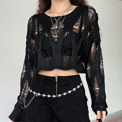 Women Hole Hollow Out Y2K T-shirts Batwing Sleeve Knitted Shirt For Women Loose Streetwear Tops Spring Autumn 2024