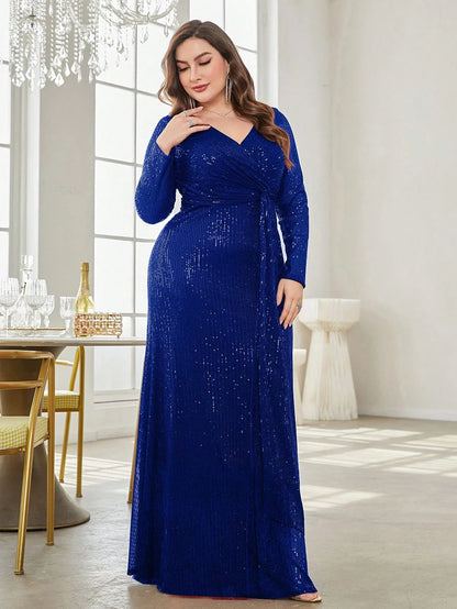 Plus Size Luxury V-Neck Long Sleeves Sequins Evening Dresses Women Elegant Party Maxi Cocktail Graduation Gowns