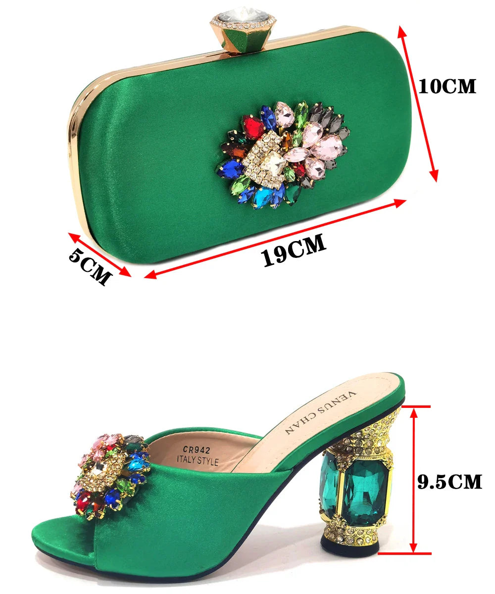 Bolsas e Sapatos de Casamento com Salto Alto Feminino de Festa com Strass Luxuosos na Cor Amarela Elegantes para a Noite