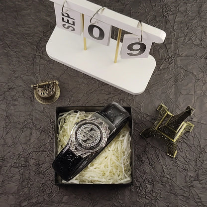 New Luxury Golden Watch Buckle Brown PU Leather Men Belt for Men Personality Designer Automatic Buckle Male Mens Belt