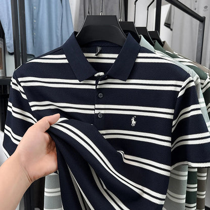 2026 New Men's Summer Short Sleeved Lapel Striped Polo Shirt, Business Casual Cool T-shirt