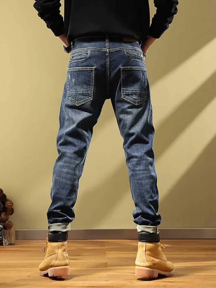 Man Cowboy Pants with Pockets Men's Jeans Motorcycle Tapered Trousers Straight Retro Trend 2025 Classic Stylish Goth Denim Buggy
