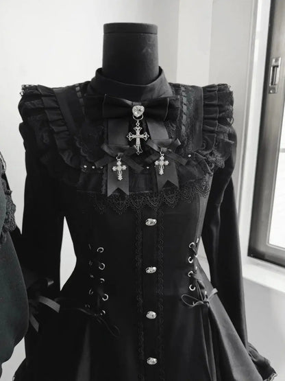 Y2k Aesthetic Lolita Style Bow Dress Shorts Set Japanese Women Gothic Lace Flare Sleeve Button Shirt Dress Punk Party Mini Dress