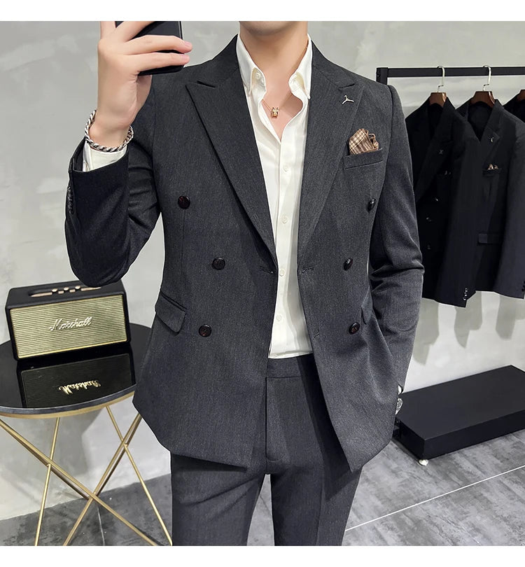 ( Blazers + Pants ) Boutique Fashion Solid Color Double-breasted Men's Casual Business Slim Suit 2-piece Set Groom Wedding Dress