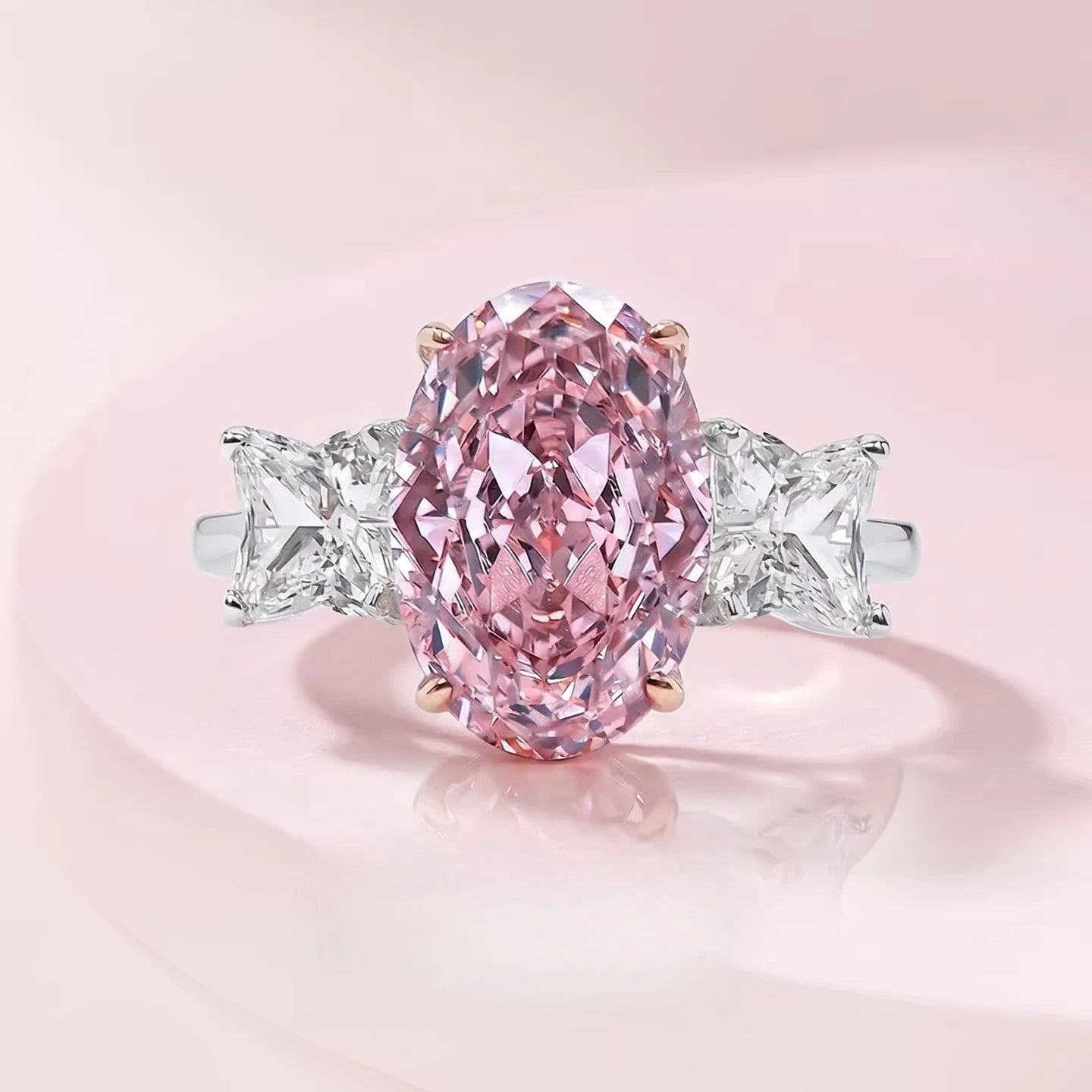 S925 Silver Ring 8 * 12mm Elliptical Zircon Powder Ice Flower Cut Ring Sweet Wind Jewelry