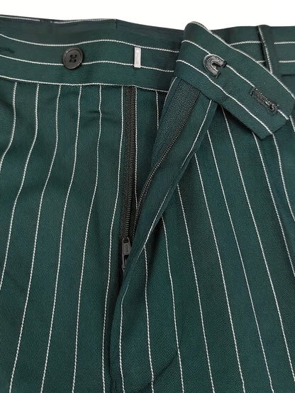Men's Green Pinstripe Double Breasted Suit 2 Piece Slim Fit Formal Business Wedding Blazer Pants Set
