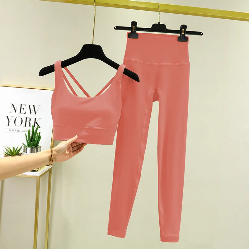 TRY TO BN Tummy Control Gym Set 2 Piece High Waisted Leggings Cross Bra Squat Proof Fitness Breathable Yoga Outfits Workout Set
