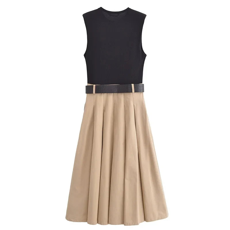 Woman Dresses Belt Pleated Midi Dress Women Sleeveless Summer Dress Woman Knitted Party Dresses for Women Sundress