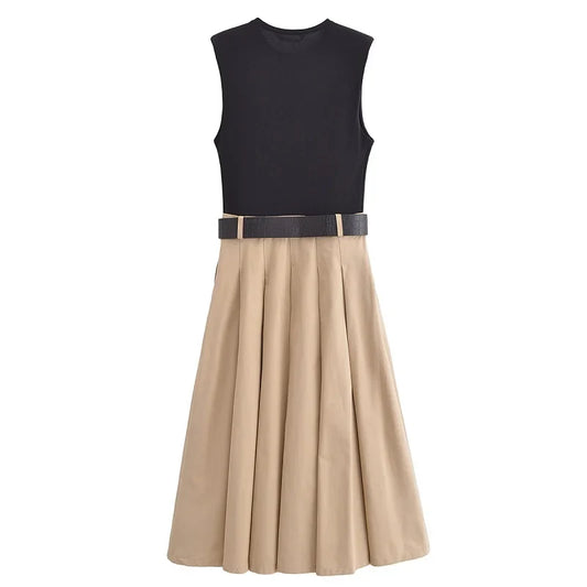 Woman Dresses Belt Pleated Midi Dress Women Sleeveless Summer Dress Woman Knitted Party Dresses for Women Sundress