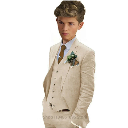 Elegant 3 Pieces Linen Suit for Boy Wedding Dresses Casual Boys Suit Set with Notch Lapel Fitted Blazer Vest Pants Casual Tuxedo