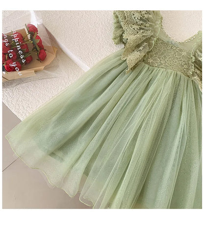 Kid Girl Elegant Light Green Dress for Children Intricate Lace Flutter Sleeves and Voluminous Sparkling Tulle Skirt Summer