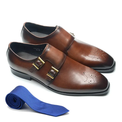 Italian Style Luxury Genuine Leather Monk Strap Men's Formal Shoes Double Buckles Brogue Pointy Toe Business Office Dress Shoes