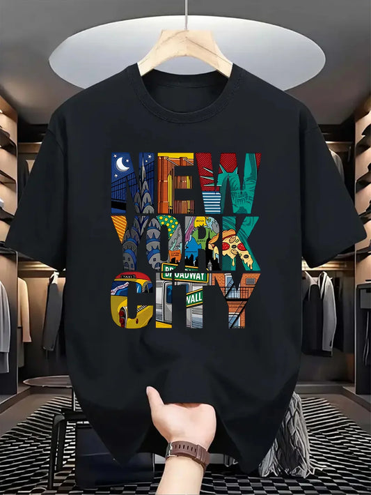 Summer men's 100% pure cotton casual loose fit plus size New York City printed comfortable round neck short sleeved T-shirt top