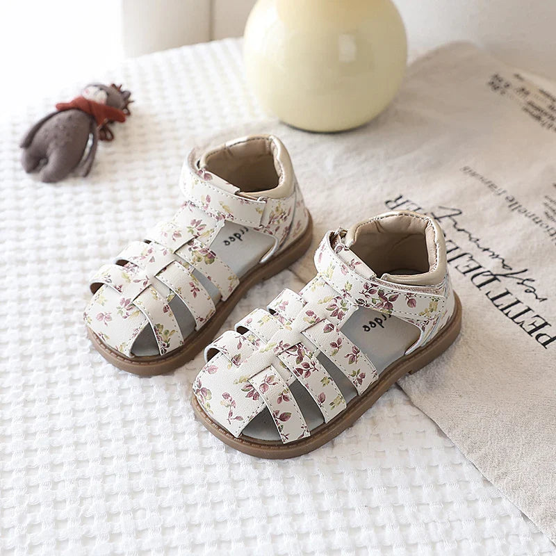 Summer Toddler Girls Floral Closed Toe Sandals Anti-collision Kids Sandal Lovely Hook-loop Sweet Children Beach Shoes 21-30