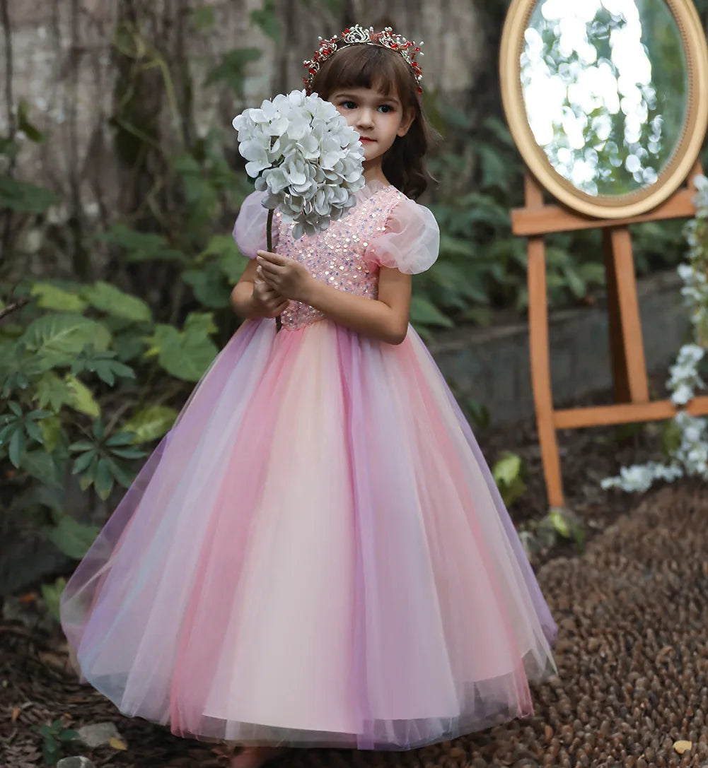 Girls Dress Color Mesh Dress Long Sequin Children's Skirt Girls Piano Host Costumes#323
