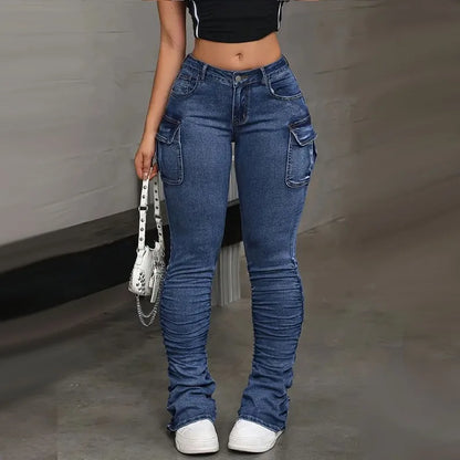 Calça Jeans Feminina de Cintura Alta Elástica Cintura, Calça Jeans Feminina Sexy Levanta Bumbum, Calças Jeans de Verão com Vários Bolsos, Moda Streetwear Feminina, Calça Slim