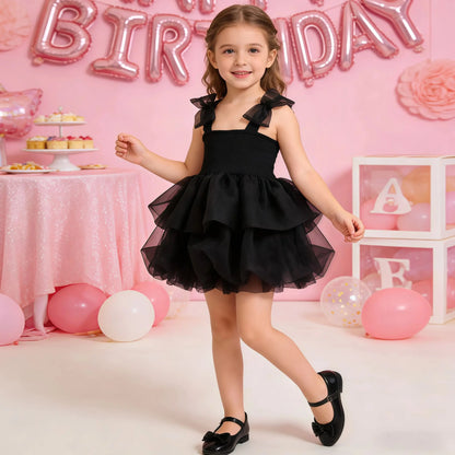 Vestido de tule de festa de princesa de verão com alça de laço, roupa de malha para bebês, vestido de aniversário infantil de manga curta, vestido de tule para meninas de 1 a 6 anos