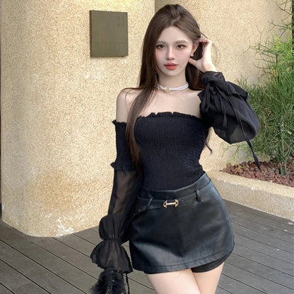 Solid Color Slim Fit Off Shoulder Sexy Women's Chiffon Shirt Sweet Flare Long Sleeved Chic Fashion New Lady Short Tops 8066