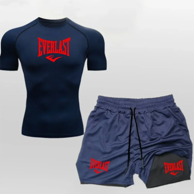 Men's Compress Shirt + 2-in-1 sports shorts 2pcs Set Leisure Breath Short Sleeve Sport Jogging Gym Brand Print Clothing