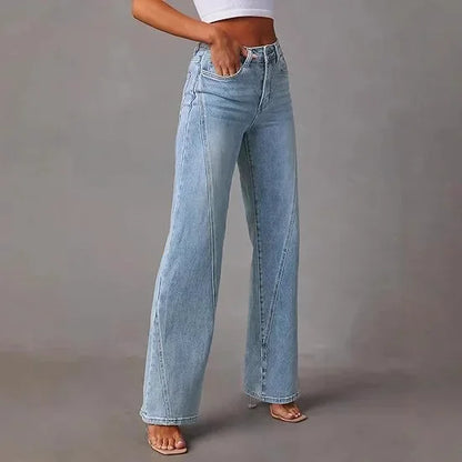Calça Jeans Feminina Wide Leg Solta com Design de Costura