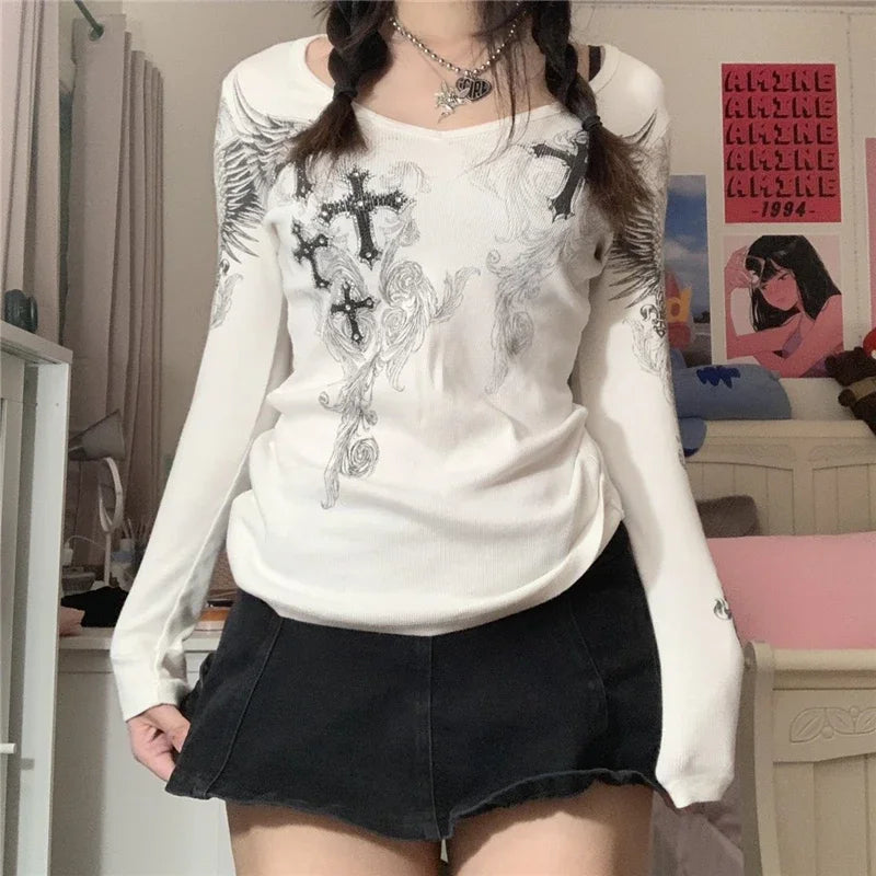Y2k Graphic Cross Wings Print Long Sleeve Women Grunge Fairy T-shirt Harajuku Tee 2000s Aesthetic Punk Style Clothes Streetwear