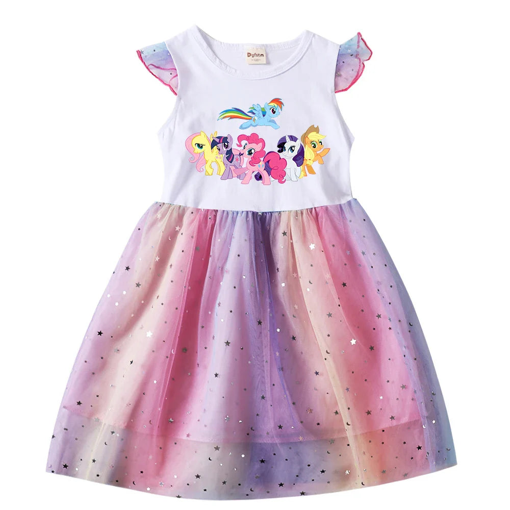My Little Ponys Baby Girls Dress Children Cartoon Mesh Star Sequins Princess Dress Kids Flying Sleeve Skirt For Birthday Gift