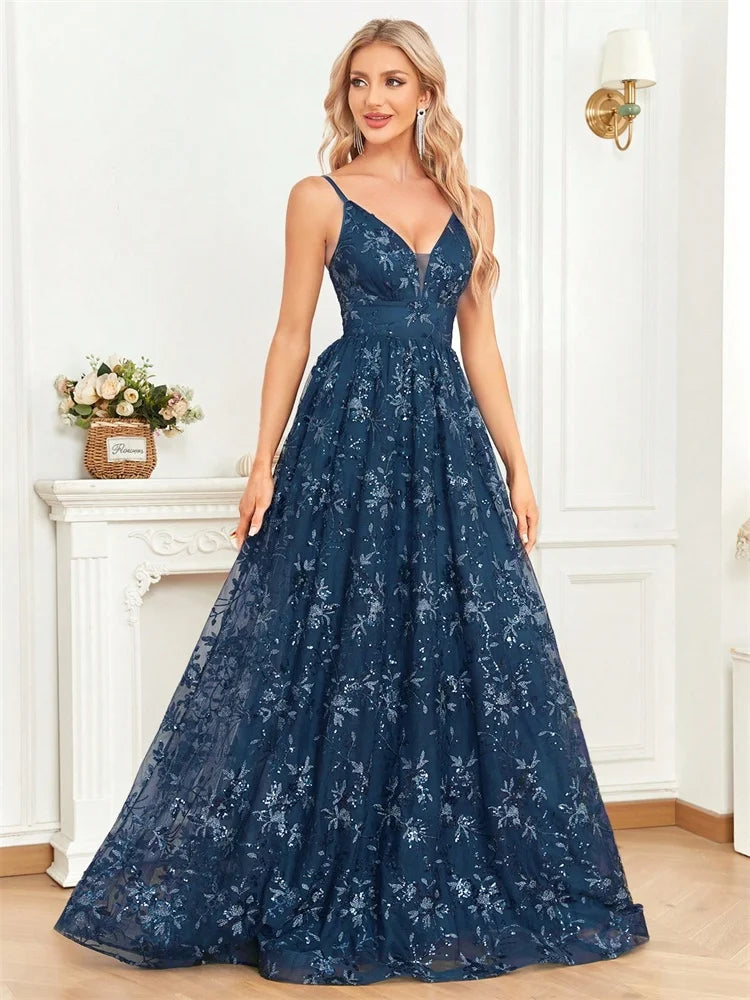 Elegant Sequins Sexy Backless Evening Dress For Women Deep V-neck Prom Party  Dress Floor Length Blue Formal Gowns