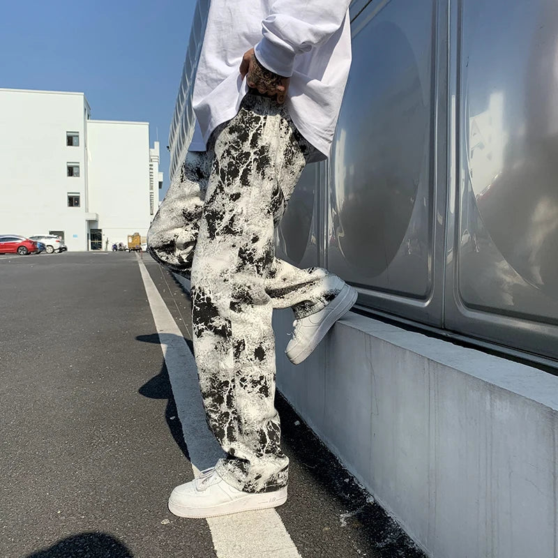 Printed jeans Unisex Elastic waist Spring 2025 Mopping Trousers Jeans Mens Fashion Korean Style High Street Loose Hip Hop Pants