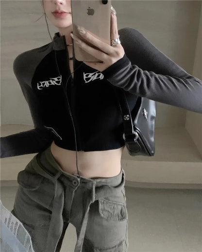 Retro Biker Half-High Collar Short-Length Zipper Jacket Y2K Spice Girl Slim-Fit Color-Blocked High-Waisted Long-Sleeve T-Shirt