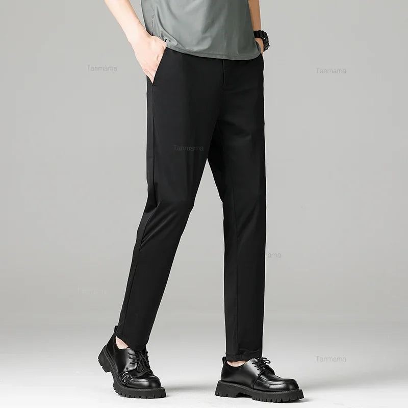 Summer Quick-drying Ice Silk Men's Casual Pants Ultra-thin Highly Elastic Business Casual Non-iron Trousers Black Gray Blue