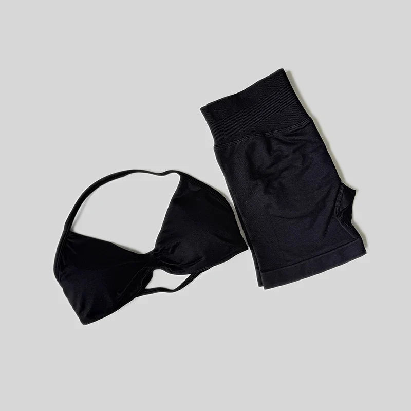 Yoga Set Fitness Gym Women Solid High Waist Peach Short Legging Halter Neck Sport Bra Athletic Gym Suit