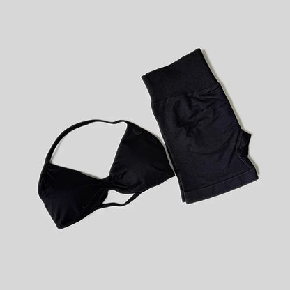 Yoga Set Fitness Gym Women Solid High Waist Peach Short Legging Halter Neck Sport Bra Athletic Gym Suit
