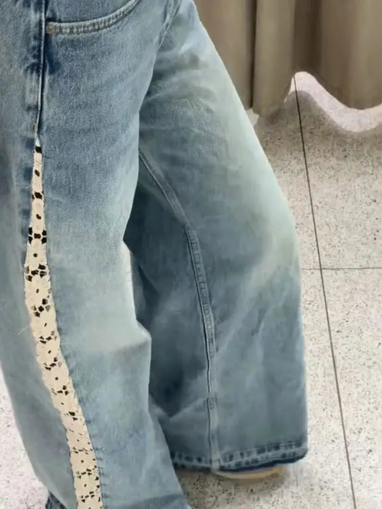 Side Lace Hollow Out Patchwork Jeans High Waist Wide Leg Denim Pants