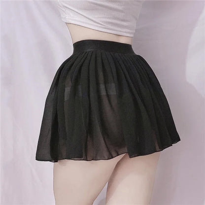 Elastic See Through A-Line Pleated Mini Solid Black Sheer Sexy High Waisted White Lace silk Short Skirts for Woman Spring Summer