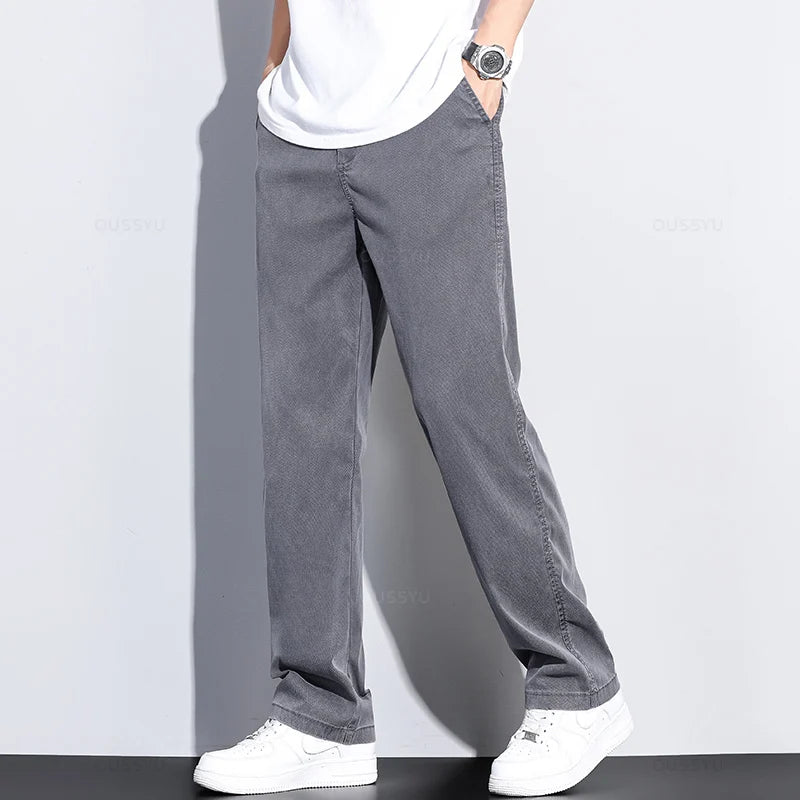 Summer New Upgrade Soft Lyocell Fabric Jeans Men Ultrathin Blue Elastic Waist Loose Straight Denim Trousers Male Plus Size 5XL