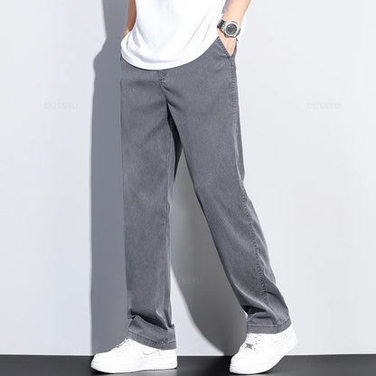 Summer New Upgrade Soft Lyocell Fabric Jeans Men Ultrathin Blue Elastic Waist Loose Straight Denim Trousers Male Plus Size 5XL