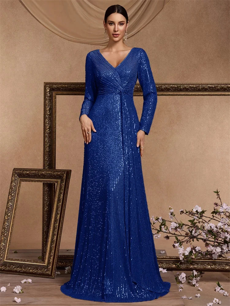 Luxury Royal Blue Sequins Formal Evening Dresses elegant 2025 Long Sleeve Mermaid Prom Wedding Party Cocktail Graduation Gowns