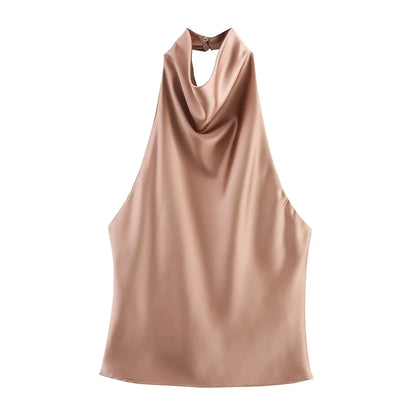 Sexy Chic Butter Yellow Satin Tops Women Halter Backless Beach Holiday Party Top Fashion 2025 New Year Evening Satin Top