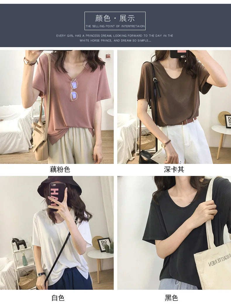 1pcs Girls Summer Solid T-shirts Women Classic Basic Fashion Tees Students Short Sleeve Loose Tops Female V Neck Comfort Tshirts