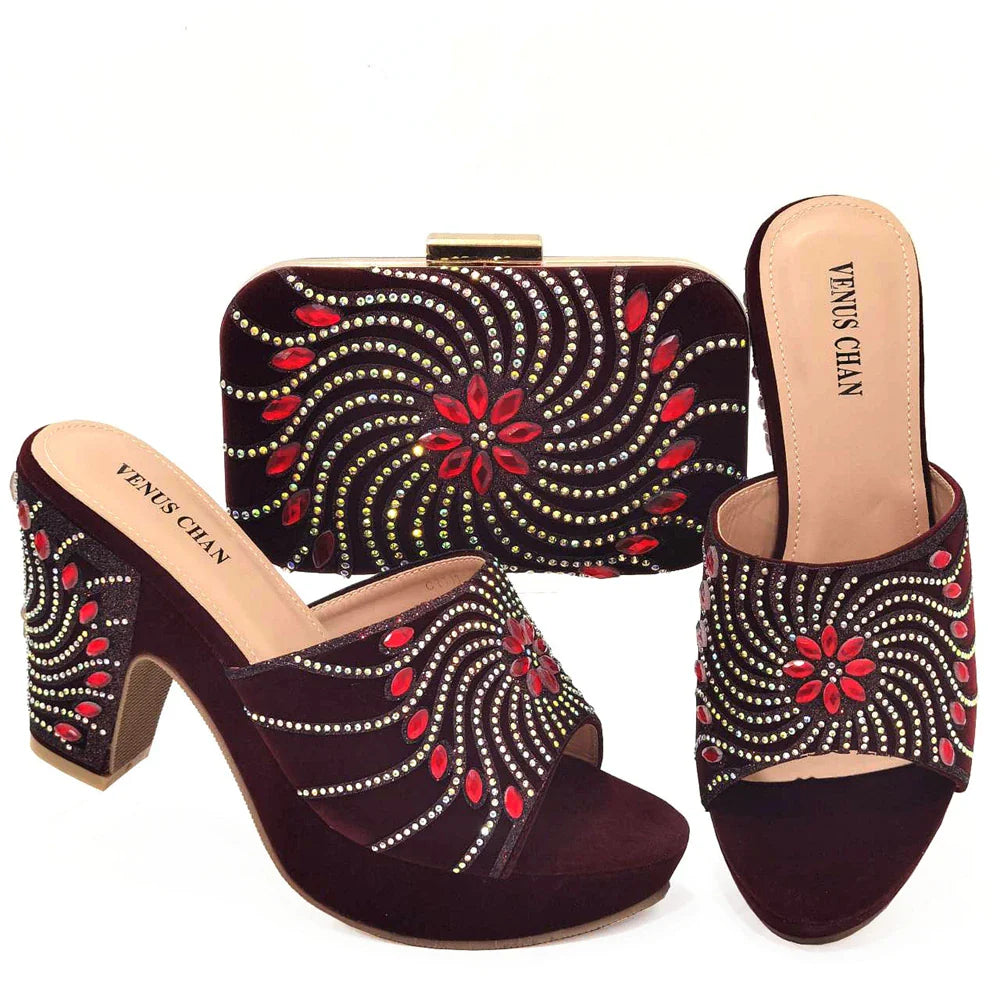 Women's Shoes High Heels Sexy Ladies Party Wedding Pattern Embroidery Mules Shoes and Bags Set for Italian