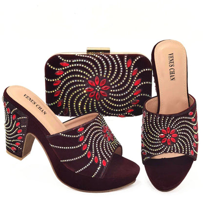 Women's Shoes High Heels Sexy Ladies Party Wedding Pattern Embroidery Mules Shoes and Bags Set for Italian
