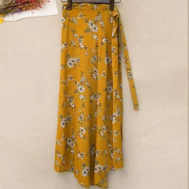 Summer Yellow/Pink Floral A-line Maxi Long Chiffon Skirts Daisy Patchwork Bright Flowers Beach Casual Maxi Long Chiffon Skirts