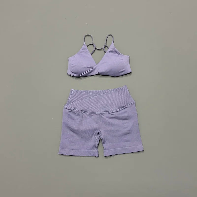 Women 2 Piece Gym Set Seamless Yoga Sports Bra V Neck Twist Front Tummy Control Butt Lifting Shorts Fitness Running Workout Set