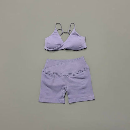 Women 2 Piece Gym Set Seamless Yoga Sports Bra V Neck Twist Front Tummy Control Butt Lifting Shorts Fitness Running Workout Set