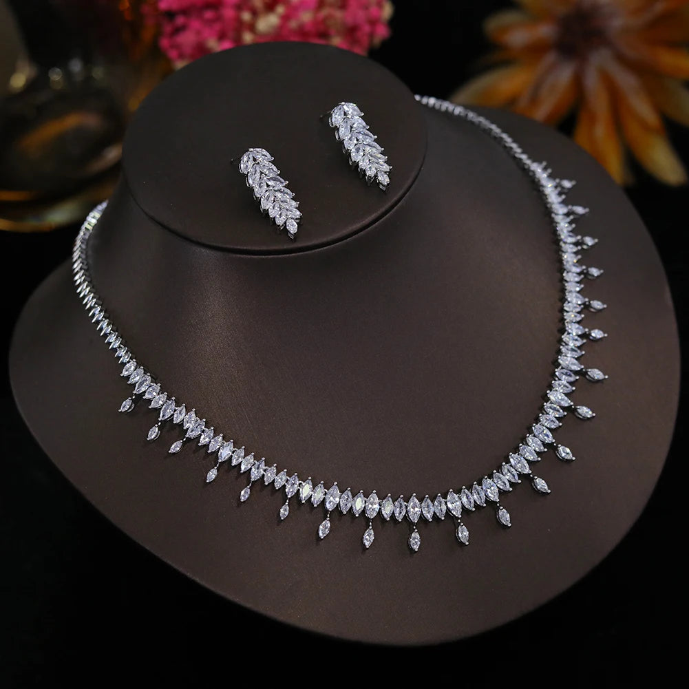 New CZ Simple Earring Necklace For Women Elegant Bridal Wedding Jewelry Set Bridesmaid Dinner Party Accessories， Gifts X0477