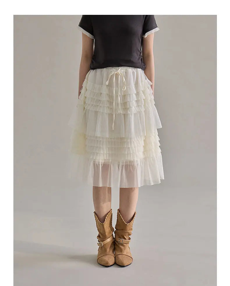 Korean Style Lace Elastic Waist Cake Skirt Mesh Puffy Skirt Women's Dress Knee Length Casual A-Line Skirt Micro Stretch No Slit
