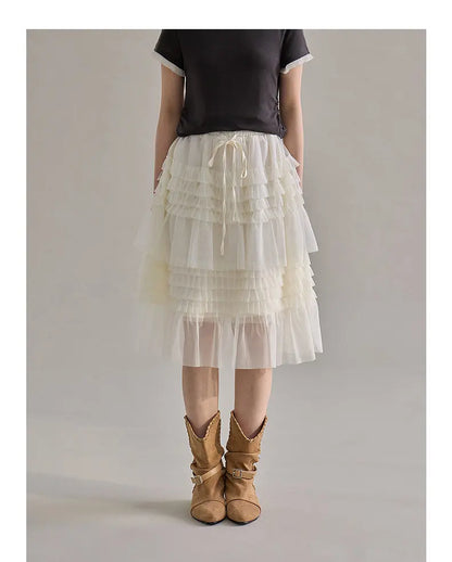Korean Style Lace Elastic Waist Cake Skirt Mesh Puffy Skirt Women's Dress Knee Length Casual A-Line Skirt Micro Stretch No Slit