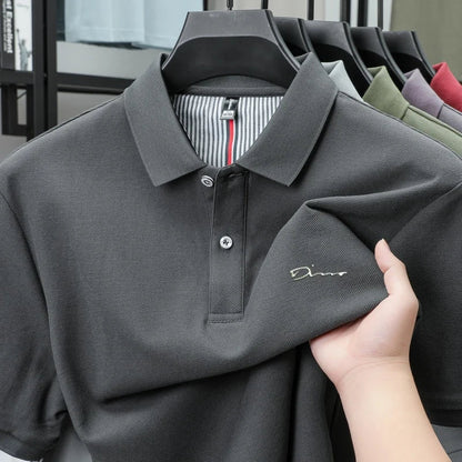 Brand 100%pure cotton short sleeve polo shirt men's new fashion letter embossed business casual solid color summer lapel T-shirt